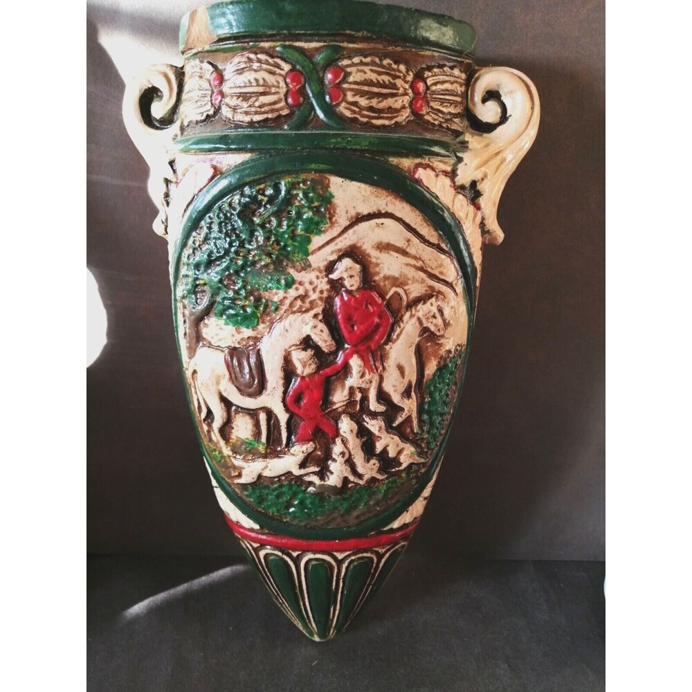 Vintage 1930's Japan Pottery Wall Hanger Pocket Vase Hunting Horses Dogs